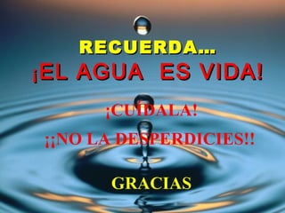 RECUERDA…
¡ EL   AGUA ES VIDA!
        ¡CUÍDALA!
 ¡¡NO LA DESPERDICIES!!

         GRACIAS
 