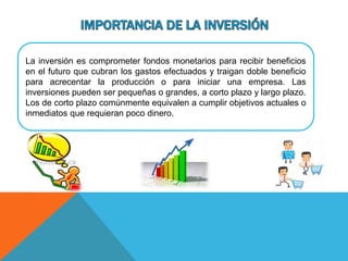 La inversión es comprometer fondos monetarios para recibir beneficios
en el futuro que cubran los gastos efectuados y traigan doble beneficio
para acrecentar la producción o para iniciar una empresa. Las
inversiones pueden ser pequeñas o grandes, a corto plazo y largo plazo.
Los de corto plazo comúnmente equivalen a cumplir objetivos actuales o
inmediatos que requieran poco dinero.
 