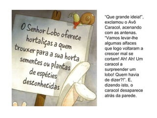 “ Que grande ideia!”, exclamou o Avô Caracol, acenando com as antenas.  “ Vamos levar-lhe algumas alfaces que logo voltaram a crescer mal se cortam! Ah! Ah! Um caracol a surpreender um lobo! Quem havia de dizer?!”. E, dizendo isto, o caracol desaparece atrás da parede. 