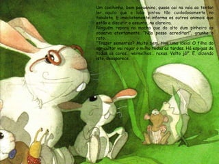 Um coelhinho, bem pequenino, quase cai na vala ao tentar ler aquilo que o lobo pintou tão cuidadosamente na tabuleta. E imediatamente informa os outros animais que estão a discutir o assunto, na clareira. Ninguém repara no mocho que do alto dum pinheiro os observa atentamente. “Não posso acreditar!”, grunhe o rato.  “ Trazer sementes? Muito bem, tive uma ideia! O filho do agricultor vai regar o milho todas as tardes. Há espigas de todas as cores… vermelhas… roxas. Volto já!”. E, dizendo isto, desaparece. 