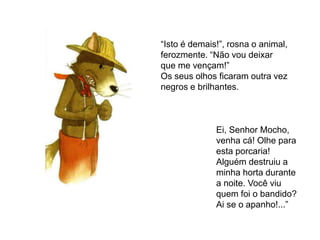 “Isto é demais!”, rosna o animal,
ferozmente. “Não vou deixar
que me vençam!”
Os seus olhos ficaram outra vez
negros e brilhantes.
Ei, Senhor Mocho,
venha cá! Olhe para
esta porcaria!
Alguém destruiu a
minha horta durante
a noite. Você viu
quem foi o bandido?
Ai se o apanho!...”
 