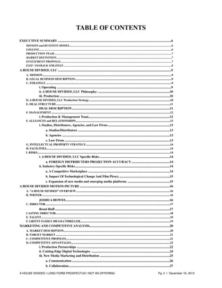 TABLE OF CONTENTS
EXECUTIVE SUMMARY	

...........................................................................................................................................6
MISSION and BUSINESS MODEL	

.............................................................................................................................................6
LOGLINE	

.......................................................................................................................................................................................6
PRODUCTION TEAM	

..................................................................................................................................................................7
MARKET DEFINITION	

...............................................................................................................................................................7
INVESTMENT PROPOSAL	

.........................................................................................................................................................7
EXIT / PAYBACK STRATEGY	

.....................................................................................................................................................8

A HOUSE DIVIDED, LLC 	

...........................................................................................................................................9
A. MISSION	

..................................................................................................................................................................................9
B. LEGAL BUSINESS DESCRIPTION	

.....................................................................................................................................9
C. STRATEGY	

..............................................................................................................................................................................9

i. Operating	

............................................................................................................................................9
ii. A HOUSE DIVIDED, LLC Philosophy:	

........................................................................................10
iii. Production	

.......................................................................................................................................10
D. A HOUSE DIVIDED, LLC Production Strategy	

................................................................................................................10
E. DEAL STRUCTURE	

.............................................................................................................................................................11

DEAL DESCRIPTION	

........................................................................................................................11
F. MANAGEMENT	

....................................................................................................................................................................12

i. Production & Management Team	

....................................................................................................12
F. ALLIANCES and RELATIONSHIPS	

..................................................................................................................................13

i. Studios, Distributors, Agencies, and Law Firms	

............................................................................13
a. Studios/Distributors 	

................................................................................................................13
b. Agencies 	

....................................................................................................................................13
c. Law Firms	

.................................................................................................................................13
G. INTELLECTUAL PROPERTY STRATEGY	

.....................................................................................................................14
H. FACILITIES	

...........................................................................................................................................................................14
I. RISKS	

.......................................................................................................................................................................................14

i. A HOUSE DIVIDED, LLC Speciﬁc Risks	

......................................................................................14
a. FOREIGN DISTRIBUTERS PROJECTION ACCURACY	

...............................................14
ii. Industry-Speciﬁc Risks	

....................................................................................................................14
a. A Competitive Marketplace	

....................................................................................................14
b. Impact Of Technological Change And Film Piracy	

..............................................................15
c. Expansion of new media and emerging media platforms	

....................................................15
A HOUSE DIVIDED MOTION PICTURE	

..............................................................................................................16
A. “A HOUSE DIVIDED” OVERVIEW	

..................................................................................................................................16
B. WRITER	

.................................................................................................................................................................................16

JOSHUA HOWES	

................................................................................................................................16
C. DIRECTOR	

............................................................................................................................................................................17

Brent Huff	

.............................................................................................................................................17
CASTING DIRECTOR	

..............................................................................................................................................................18
E. TALENT	

..................................................................................................................................................................................19
F. GRITTY FAMILY DRAMA/THRILLER	

............................................................................................................................19

MARKETING AND COMPETITIVE ANALYSIS	

...................................................................................................20
A. MARKET DESCRIPTION	

...................................................................................................................................................20
B. TARGET MARKET	

..............................................................................................................................................................21
C. COMPETITIVE PROFILES	

................................................................................................................................................21
D. COMPETITIVE ADVANTAGES	

.........................................................................................................................................22

i. Production Partnerships	

..................................................................................................................22
ii. Cutting-Edge Digital Technologies 	

................................................................................................24
iii. New Media Marketing and Distribution	

......................................................................................25
a. Communication	

........................................................................................................................26
b. Collaboration	

............................................................................................................................27
A HOUSE DIVIDED | LONG FORM PROSPECTUS | NOT AN OFFERING !

!

!

Pg. 4 | December 16, 2013

 