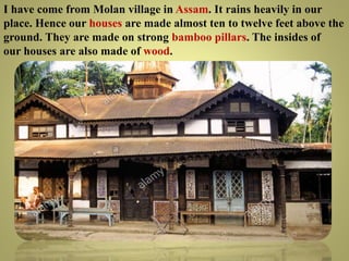 I have come from Molan village in Assam. It rains heavily in our
place. Hence our houses are made almost ten to twelve feet above the
ground. They are made on strong bamboo pillars. The insides of
our houses are also made of wood.
 