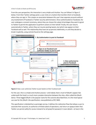 A	
  How	
  To	
  Guide	
  on	
  OAuth	
  and	
  API	
  Security
                                                                   	
                     	
                                                                        	
  
From	
  the	
  user	
  perspective,	
  the	
  interaction	
  is	
  very	
  simple	
  and	
  intuitive.	
  You	
  can	
  follow	
  it	
  in	
  figure	
  2	
  
below.	
  From	
  their	
  Twitter	
  settings	
  panel,	
  a	
  user	
  clicks	
  on	
  a	
  button	
  that	
  transfers	
  them	
  to	
  Facebook,	
  
where	
  they	
  can	
  sign	
  in.	
  This	
  creates	
  an	
  association	
  between	
  this	
  user’s	
  two	
  separate	
  accounts	
  without	
  
any	
  involvement	
  of	
  Facebook	
  or	
  Twitter	
  security	
  administrators.	
  Once	
  authenticated	
  on	
  Facebook,	
  the	
  
user	
  undergoes	
  a	
  consent	
  ceremony,	
  where	
  they	
  can	
  choose	
  the	
  subset	
  of	
  privileges	
  they	
  want	
  to	
  grant	
  
to	
  Twitter	
  to	
  permit	
  the	
  application	
  to	
  perform	
  actions	
  on	
  their	
  behalf.	
  Finally,	
  the	
  user	
  returns	
  
automatically	
  to	
  Twitter,	
  where	
  they	
  can	
  resume	
  posting	
  tweets,	
  but	
  which	
  now	
  appear	
  on	
  their	
  
Facebook	
  wall	
  as	
  well.	
  The	
  relationship	
  they	
  have	
  set	
  up	
  persists	
  indefinitely,	
  or	
  until	
  they	
  decide	
  to	
  
break	
  it	
  explicitly,	
  using	
  controls	
  found	
  on	
  the	
  settings	
  page.	
  


                                                              1. No Authorization to post to Facebook




                                                                          2. Sign on to Facebook and
                                                                          authorize Twitter to post to wall




                                                                                                                            3. Now authorized to
                                                                                                                            post to Facebook




                                                                                                                                                     	
  

Figure	
  2:	
  How	
  a	
  user	
  authorizes	
  Twitter	
  to	
  post	
  tweets	
  on	
  their	
  Facebook	
  wall.	
  

For	
  the	
  user,	
  this	
  is	
  a	
  simple	
  and	
  intuitive	
  process—and	
  indeed,	
  that	
  is	
  much	
  of	
  OAuth’s	
  appeal.	
  But	
  
underneath	
  the	
  hood	
  is	
  a	
  much	
  more	
  complex	
  interaction	
  between	
  the	
  sites,	
  often	
  called	
  the	
  OAuth	
  
dance.	
  Three-­‐legged	
  OAuth	
  is	
  the	
  popular	
  name	
  for	
  the	
  scenario	
  described	
  here;	
  it	
  is	
  the	
  most	
  typical	
  
use	
  case	
  for	
  the	
  OAuth	
  1.0a	
  specification,	
  now	
  published	
  as	
  RFC	
  5849.	
  	
  

This	
  specification	
  is	
  detailed	
  but	
  surprisingly	
  narrow.	
  It	
  defines	
  the	
  redirection	
  flow	
  that	
  allows	
  a	
  user	
  to	
  
associate	
  their	
  accounts,	
  to	
  authorize	
  a	
  limited	
  subset	
  of	
  operations,	
  and	
  return	
  an	
  opaque	
  token	
  that	
  
Twitter	
  can	
  persist	
  safely	
  for	
  access	
  instead	
  of	
  an	
  all-­‐powerful	
  password.	
  It	
  even	
  details—at	
  least	
  in	
  the	
  




©	
  Copyright	
  2011	
  by	
  Layer	
  7	
  Technologies,	
  Inc.	
  (www.layer7.com)	
  	
                                                                   5	
  
 