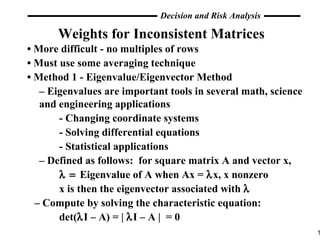 Weights for Inconsistent Matrices •  More difficult - no multiples of rows •  Must use some averaging technique •  Method 1 - Eigenvalue/Eigenvector Method –  Eigenvalues are important tools in several math, science and engineering applications - Changing coordinate systems - Solving differential equations - Statistical applications –  Defined as follows:  for square matrix A and vector x,   Eigenvalue of A when Ax =   x, x nonzero x is then the eigenvector associated with    –  Compute by solving the characteristic equation: det(  I – A) = |   I – A |  = 0 