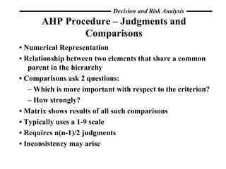 AHP Procedure – Judgments and Comparisons •  Numerical Representation •  Relationship between two elements that share a common parent in the hierarchy •  Comparisons ask 2 questions: –  Which is more important with respect to the criterion? –  How strongly? •  Matrix shows results of all such comparisons •  Typically uses a 1-9 scale •  Requires n(n-1)/2 judgments •  Inconsistency may arise 