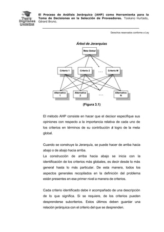 El Proceso de Análisis Jerárquico (AHP) como Herramienta para la
Toma de Decisiones en la Selección de Proveedores. Toskano Hurtado,
Gérard Bruno.
Derechos reservados conforme a Ley
Árbol de Jerarquías
Criterio M
Meta Global
Criterio 1 Criterio 2
Alternativa
1
Alternativa
2
Alternativa
N
. . .
. . .
(Figura 3.1)
El método AHP consiste en hacer que el decisor especifique sus
opiniones con respecto a la importancia relativa de cada uno de
los criterios en términos de su contribución al logro de la meta
global.
Cuando se construye la Jerarquía, se puede hacer de arriba hacia
abajo o de abajo hacia arriba.
La construcción de arriba hacia abajo se inicia con la
identificación de los criterios más globales, es decir desde lo más
general hasta lo más particular. De esta manera, todos los
aspectos generales recopilados en la definición del problema
están presentes en ese primer nivel a manera de criterios.
Cada criterio identificado debe ir acompañado de una descripción
de lo que significa. Si se requiere, de los criterios pueden
desprenderse subcriterios. Estos últimos deben guardar una
relación jerárquica con el criterio del que se desprenden.
 