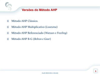 Auxilio Multicritério à Decisão
5
Versões do Método AHP
 Método AHP Clássico.
 Método AHP Multiplicativo (Lootsma)
 Método AHP Referenciado (Watson e Freeling)
 Método AHP B-G (Belton e Gear)
 