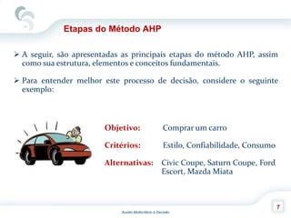 Auxilio Multicritério à Decisão
7
Etapas do Método AHP
 A seguir, são apresentadas as principais etapas do método AHP, assim
como sua estrutura, elementos e conceitos fundamentais.
 Para entender melhor este processo de decisão, considere o seguinte
exemplo:
Objetivo: Comprar um carro
Critérios: Estilo, Confiabilidade, Consumo
Alternativas: Civic Coupe, Saturn Coupe, Ford
Escort, Mazda Miata
 