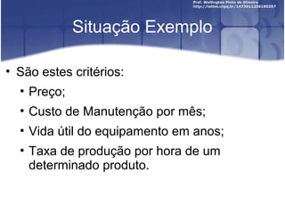 Situação Exemplo
• São estes critérios:
• Preço;
• Custo de Manutenção por mês;
• Vida útil do equipamento em anos;
• Taxa de produção por hora de um
determinado produto.
 