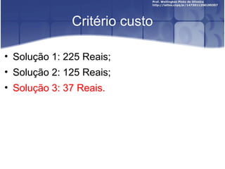 Critério custo
• Solução 1: 225 Reais;
• Solução 2: 125 Reais;
• Solução 3: 37 Reais.
 