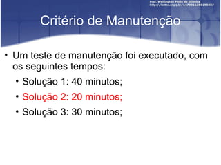 Critério de Manutenção
• Um teste de manutenção foi executado, com
os seguintes tempos:
• Solução 1: 40 minutos;
• Solução 2: 20 minutos;
• Solução 3: 30 minutos;
 