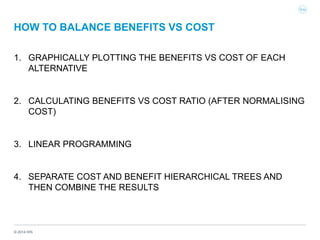 © 2014 IHS
HOW TO BALANCE BENEFITS VS COST
1. GRAPHICALLY PLOTTING THE BENEFITS VS COST OF EACH
ALTERNATIVE
2. CALCULATING BENEFITS VS COST RATIO (AFTER NORMALISING
COST)
3. LINEAR PROGRAMMING
4. SEPARATE COST AND BENEFIT HIERARCHICAL TREES AND
THEN COMBINE THE RESULTS
 