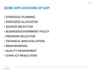 © 2014 IHS
SOME APPLICATIONS OF AHP
• STRATEGIC PLANNING
• RESOURCE ALLOCATION
• SOURCE SELECTION
• BUSINESS/GOVERNMENT POLICY
• PROGRAM SELECTION
• TECHNICAL BIDS EVALUATION
• BENCHMARKING
• QUALITY MANAGEMENT
• CONFLICT RESOLUTION
 