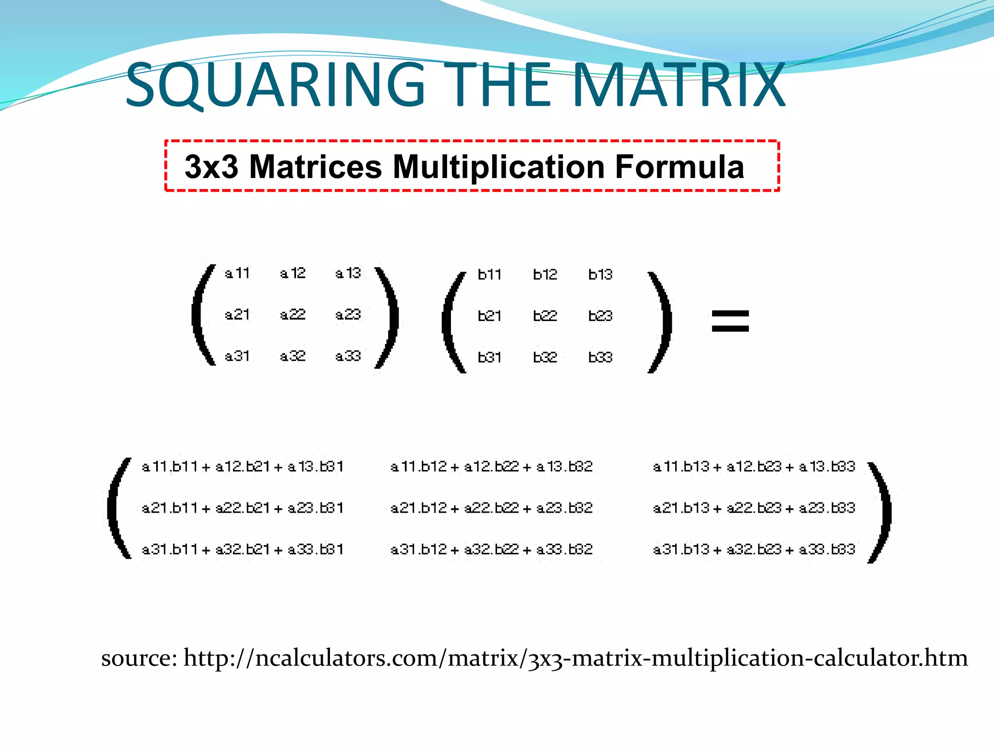 3x3 Matrices Multiplication Formula
source: http://ncalculators.com/matrix/3x3-matrix-multiplication-calculator.htm
SQUARING THE MATRIX
 