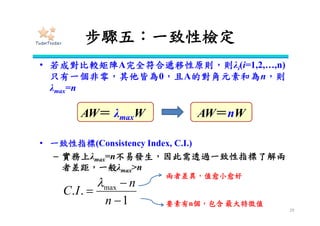 ANP的分析步驟
29
一、界定問題
二、建立網路結構
三、問卷設計與調查
四、建立超級矩陣
五、一致性檢定
六、整體與各要素權重
通過
不通過 22
 
