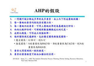 AHP的假設
1. 一問題可被分解成多準則或多要素，由上而下形成層級
結構。
2. 每一層級的要素均假設具有獨立性。
3. 成對比較後，可形成正倒值矩陣。
4. 偏好關係滿足遞移性，包括優劣關係與強度關係。
5. 要素之間需測試一致性程度。
9
資料來源： Saaty, T. L., 1980. The Analytic Hierarchy Process: Planning, Priority Setting, Resource Allocation,
New York: McGraw-Hill.
 