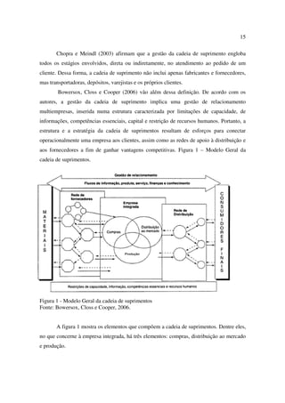 15

       Chopra e Meindl (2003) afirmam que a gestão da cadeia de suprimento engloba
todos os estágios envolvidos, direta ou indiretamente, no atendimento ao pedido de um
cliente. Dessa forma, a cadeia de suprimento não inclui apenas fabricantes e fornecedores,
mas transportadoras, depósitos, varejistas e os próprios clientes.
        Bowersox, Closs e Cooper (2006) vão além dessa definição. De acordo com os
autores, a gestão da cadeia de suprimento implica uma gestão de relacionamento
multiempresas, inserida numa estrutura caracterizada por limitações de capacidade, de
informações, competências essenciais, capital e restrição de recursos humanos. Portanto, a
estrutura e a estratégia da cadeia de suprimentos resultam de esforços para conectar
operacionalmente uma empresa aos clientes, assim como as redes de apoio à distribuição e
aos fornecedores a fim de ganhar vantagens competitivas. Figura 1 – Modelo Geral da
cadeia de suprimentos.




Figura 1 - Modelo Geral da cadeia de suprimentos
Fonte: Bowersox, Closs e Cooper, 2006.


       A figura 1 mostra os elementos que compõem a cadeia de suprimentos. Dentre eles,
no que concerne à empresa integrada, há três elementos: compras, distribuição ao mercado
e produção.
 