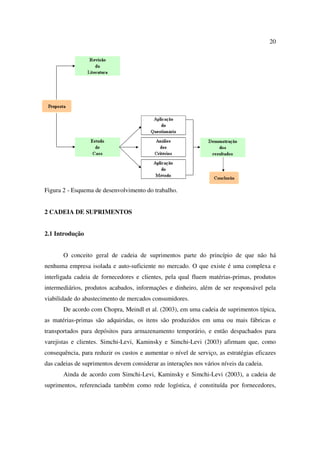 20




Figura 2 - Esquema de desenvolvimento do trabalho.


2 CADEIA DE SUPRIMENTOS


2.1 Introdução


       O conceito geral de cadeia de suprimentos parte do princípio de que não há
nenhuma empresa isolada e auto-suficiente no mercado. O que existe é uma complexa e
interligada cadeia de fornecedores e clientes, pela qual fluem matérias-primas, produtos
intermediários, produtos acabados, informações e dinheiro, além de ser responsável pela
viabilidade do abastecimento de mercados consumidores.
       De acordo com Chopra, Meindl et al. (2003), em uma cadeia de suprimentos típica,
as matérias-primas são adquiridas, os itens são produzidos em uma ou mais fábricas e
transportados para depósitos para armazenamento temporário, e então despachados para
varejistas e clientes. Simchi-Levi, Kaminsky e Simchi-Levi (2003) afirmam que, como
consequência, para reduzir os custos e aumentar o nível de serviço, as estratégias eficazes
das cadeias de suprimentos devem considerar as interações nos vários níveis da cadeia.
       Ainda de acordo com Simchi-Levi, Kaminsky e Simchi-Levi (2003), a cadeia de
suprimentos, referenciada também como rede logística, é constituída por fornecedores,
 
