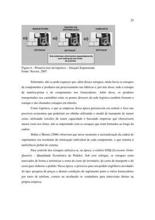 24




Figura 4 – Primeira fase da logística – Atuação Segmentada.
Fonte: Novaes, 2007.


          Entretanto, não se pode esquecer que, além desses estoques, ainda havia os estoques
de componentes e produtos em processamento nas fábricas e, por trás disso, todo o estoque
de matéria-prima e de componentes nos fornecedores. Além disso, os produtos
transportados nos caminhões entre os pontos diversos da rede logística também formam o
estoque e são chamados estoques em trânsito.
          Como logística, o que as empresas dessa época procuravam era centrar o foco nas
possíveis economias que poderiam ser obtidas utilizando o modal de transporte de menor
custo, utilizando veículos de maior capacidade e buscando empresas que oferecessem
menor custo nos fretes, não se importando com os estoques que eram formados ao longo da
cadeia.
          Dallas e Morais (2006) observam que nesse momento a racionalização da cadeia de
suprimentos era resultante da otimização individual de cada componente, o que remetia à
ineficiência global do sistema.
          Para controle dos estoques utilizava-se, na época, o critério EOQ (Economic Order
Quantity - Quantidade Econômica do Pedido). Sob esse enfoque, os estoques eram
renovados de forma a minimizar a soma do custo de inventário, do custo de transporte e do
custo para elaborar o pedido. Nessa época, o processo para um pedido englobava atividades
do tipo: pesquisa de preços e demais condições de suprimento junto a vários fornecedores
por meio de telefone, correio ou recebendo os vendedores para entrevistas diretas na
própria empresa.
 