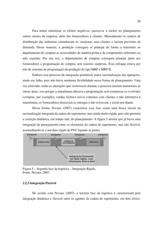 26

       Para tentar minimizar os efeitos negativos, passou-se a incluir no planejamento
outros setores da empresa, além dos fornecedores e clientes. Mensalmente os centros de
distribuição das indústrias consultavam os varejistas, seus clientes e faziam previsões de
demanda. Dessa maneira, a produção conseguia se planejar de forma a transmitir ao
departamento de compras as necessidades de matéria-prima e de componentes referentes ao
mês seguinte. Por sua vez, o departamento de compras conseguia planejar junto aos
fornecedores a programação de compras sem maiores surpresas. Esse enfoque estava por
trás de sistemas de programação da produção do tipo MRP e MRP II.
       Embora esse processo de integração permitisse maior racionalização das operações,
ainda era falho, pois não havia nenhuma flexibilidade nessa forma de planejamento. Uma
vez efetivado, todas as alterações que ocorressem durante o processo traziam transtornos às
outras áreas, isso porque a manufatura alterava a programação sem comunicar os evolvidos
(compras, por exemplo); vendas fechava novos contratos com clientes e não informava à
manufatura, os fornecedores atrasavam as entregas e não avisavam, e assim por diante.
       Dessa forma, Novaes (2007) caracteriza essa fase como uma busca inicial da
racionalização integrada da cadeia de suprimento, mas ainda muito rígida, pois não permitia
a correção dinâmica, em tempo real, do planejamento. A figura 5 mostra que já havia uma
integração de planejamento entre os elementos da cadeia de suprimento, mas não flexível,
assemelhando-se a um duto rígido de PVC ligando as partes.




Figura 5 – Segunda fase da logística – Integração Rígida.
Fonte: Novaes, 2007.


2.2.3 Integração Flexível


       De acordo com Novaes (2007), a terceira fase da logística é caracterizada pela
integração dinâmica e flexível entre os agentes da cadeia de suprimento, em dois níveis:
 
