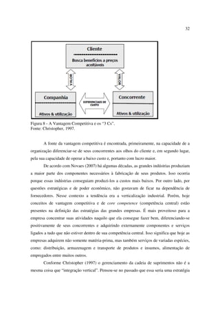 32




Figura 8 - A Vantagem Competitiva e os “3 Cs”.
Fonte: Christopher, 1997.


       A fonte da vantagem competitiva é encontrada, primeiramente, na capacidade de a
organização diferenciar-se de seus concorrentes aos olhos do cliente e, em segundo lugar,
pela sua capacidade de operar a baixo custo e, portanto com lucro maior.
       De acordo com Novaes (2007) há algumas décadas, as grandes indústrias produziam
a maior parte dos componentes necessários à fabricação de seus produtos. Isso ocorria
porque essas indústrias conseguiam produzi-los a custos mais baixos. Por outro lado, por
questões estratégicas e de poder econômico, não gostavam de ficar na dependência de
fornecedores. Nesse contexto a tendência era a verticalização industrial. Porém, hoje
conceitos de vantagem competitiva e de core competence (competência central) estão
presentes na definição das estratégias das grandes empresas. É mais proveitoso para a
empresa concentrar suas atividades naquilo que ela consegue fazer bem, diferenciando-se
positivamente de seus concorrentes e adquirindo externamente componentes e serviços
ligados a tudo que não estiver dentro de sua competência central. Isso significa que hoje as
empresas adquirem não somente matéria-prima, mas também serviços de variadas espécies,
como: distribuição, armazenagem e transporte de produtos e insumos, alimentação de
empregados entre muitos outros.
       Conforme Christopher (1997) o gerenciamento da cadeia de suprimentos não é a
mesma coisa que “integração vertical”. Pensou-se no passado que essa seria uma estratégia
 