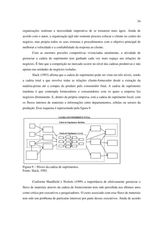 34

organizações sentiram a necessidade imperativa de se tornarem mais ágeis. Ainda de
acordo com o autor, a organização ágil não somente procura colocar o cliente no centro do
negócio, mas projeta todos os seus sistemas e procedimentos com o objetivo principal de
melhorar a velocidade e a confiabilidade da resposta ao cliente.
       Com as enormes pressões competitivas vivenciadas atualmente, a atividade de
gerenciar a cadeia de suprimento tem ganhado cada vez mais espaço nas relações de
negócios. É fato que a competição no mercado ocorre no nível das cadeias produtivas e não
apenas nas unidades de negócios isoladas.
       Slack (1993) afirma que a cadeia de suprimento pode ser vista em três níveis, sendo
a cadeia total a que envolve todas as relações cliente-fornecedor desde a extração da
matéria-prima até a compra do produto pelo consumidor final. A cadeia de suprimento
imediata é que contempla fornecedores e consumidores com os quais a empresa faz
negócios diretamente. E, dentro da própria empresa, está a cadeia de suprimento local, com
os fluxos internos de materiais e informações entre departamentos, células ou setores da
produção. Esse esquema é representado pela figura 9.




Figura 9 – Níveis da cadeia de suprimentos.
Fonte: Slack, 1993.


       Conforme Handfield e Nichols (1999) a importância de efetivamente gerenciar o
fluxo de materiais através da cadeia de fornecimento tem sido percebida nos últimos anos
como crítica por executivos e pesquisadores. O custo associado com esse fluxo de materiais
tem sido um problema de particular interesse por parte desses executivos. Ainda de acordo
 