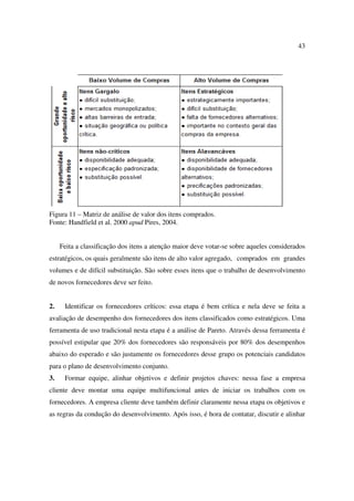 43




Figura 11 – Matriz de análise de valor dos itens comprados.
Fonte: Handfield et al. 2000 apud Pires, 2004.


     Feita a classificação dos itens a atenção maior deve votar-se sobre aqueles considerados
estratégicos, os quais geralmente são itens de alto valor agregado, comprados em grandes
volumes e de difícil substituição. São sobre esses itens que o trabalho de desenvolvimento
de novos fornecedores deve ser feito.


2.    Identificar os fornecedores críticos: essa etapa é bem crítica e nela deve se feita a
avaliação de desempenho dos fornecedores dos itens classificados como estratégicos. Uma
ferramenta de uso tradicional nesta etapa é a análise de Pareto. Através dessa ferramenta é
possível estipular que 20% dos fornecedores são responsáveis por 80% dos desempenhos
abaixo do esperado e são justamente os fornecedores desse grupo os potenciais candidatos
para o plano de desenvolvimento conjunto.
3.    Formar equipe, alinhar objetivos e definir projetos chaves: nessa fase a empresa
cliente deve montar uma equipe multifuncional antes de iniciar os trabalhos com os
fornecedores. A empresa cliente deve também definir claramente nessa etapa os objetivos e
as regras da condução do desenvolvimento. Após isso, é hora de contatar, discutir e alinhar
 