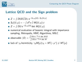 Computing the QCD Phase Diagram
Lattice QCD and the Sign problem
Z =
R
DUDψ̄Dψ e−SYM(U)−SF(U;µ)
SF(U; µ) = −
R
d4x ψ̄ M(U; µ) ψ
Z =
R
DU e−SYM(U) det M(U; µ)
numerical evaluation of bosonic integral with importance
sampling, Metropolis, HMC Algorithms, MILC
observable hOi =
R
DU e−SYM det M O
R
DU e−SYM det M
lack of γ5-hermiticity, γ5M(µ)γ5 = M†(−µ∗) 6= M†(µ)
21.3.2017 Austrian HPC Meeting 2017, Grundlsee 7
 