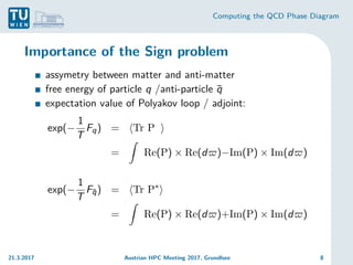 Computing the QCD Phase Diagram
Importance of the Sign problem
assymetry between matter and anti-matter
free energy of particle q /anti-particle q̄
expectation value of Polyakov loop / adjoint:
exp(−
1
T
Fq) = hTr P i
=
Z
Re(P) × Re(d$)−Im(P) × Im(d$)
exp(−
1
T
Fq̄) = hTr P∗
i
=
Z
Re(P) × Re(d$)+Im(P) × Im(d$)
21.3.2017 Austrian HPC Meeting 2017, Grundlsee 8
 