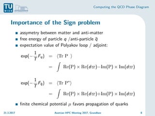 Computing the QCD Phase Diagram
Importance of the Sign problem
assymetry between matter and anti-matter
free energy of particle q /anti-particle q̄
expectation value of Polyakov loop / adjoint:
exp(−
1
T
Fq) = hTr P i
=
Z
Re(P) × Re(d$)−Im(P) × Im(d$)
exp(−
1
T
Fq̄) = hTr P∗
i
=
Z
Re(P) × Re(d$)+Im(P) × Im(d$)
finite chemical potential µ favors propagation of quarks
21.3.2017 Austrian HPC Meeting 2017, Grundlsee 8
 