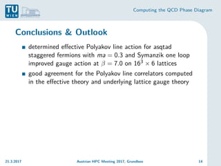 Computing the QCD Phase Diagram
Conclusions & Outlook
determined effective Polyakov line action for asqtad
staggered fermions with ma = 0.3 and Symanzik one loop
improved gauge action at β = 7.0 on 163 × 6 lattices
good agreement for the Polyakov line correlators computed
in the effective theory and underlying lattice gauge theory
21.3.2017 Austrian HPC Meeting 2017, Grundlsee 14
 