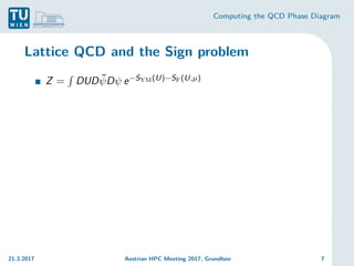 Computing the QCD Phase Diagram
Lattice QCD and the Sign problem
Z =
R
DUDψ̄Dψ e−SYM(U)−SF(U;µ)
21.3.2017 Austrian HPC Meeting 2017, Grundlsee 7
 