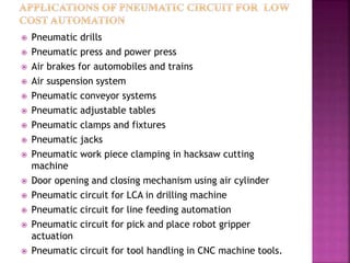  Pneumatic drills
 Pneumatic press and power press
 Air brakes for automobiles and trains
 Air suspension system
 Pneumatic conveyor systems
 Pneumatic adjustable tables
 Pneumatic clamps and fixtures
 Pneumatic jacks
 Pneumatic work piece clamping in hacksaw cutting
machine
 Door opening and closing mechanism using air cylinder
 Pneumatic circuit for LCA in drilling machine
 Pneumatic circuit for line feeding automation
 Pneumatic circuit for pick and place robot gripper
actuation
 Pneumatic circuit for tool handling in CNC machine tools.
 