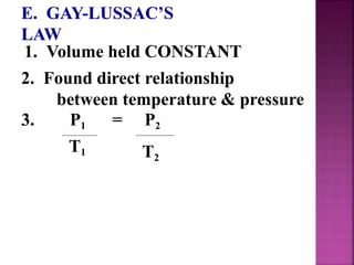 1. Volume held CONSTANT
2. Found direct relationship
between temperature & pressure
3. P1 = P2
T1 T2
 