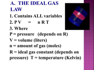 1. Contains ALL variables
2. P V = n R T
3. Where
P = pressure (depends on R)
V = volume (liters)
n = amount of gas (moles)
R = ideal gas constant (depends on
pressure) T = temperature (Kelvin)
 