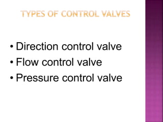 • Direction control valve
• Flow control valve
• Pressure control valve
 