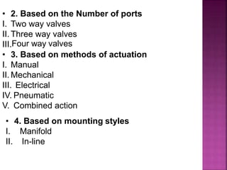 • 2. Based on the Number of ports
I. Two way valves
II. Three way valves
III.Four way valves
• 3. Based on methods of actuation
I. Manual
II. Mechanical
III.
IV.
V.
Electrical
Pneumatic
Combined action
• 4. Based on mounting styles
I. Manifold
II. In-line
 