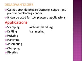  Cannot provide precise actuator control and
precise positioning control
 It can be used for low pressure applications.
Applications
 Stamping Material handling
 Drilling hammering
 Hoisting
 Punching
 Assembling
 Clamping
 Riveting
 