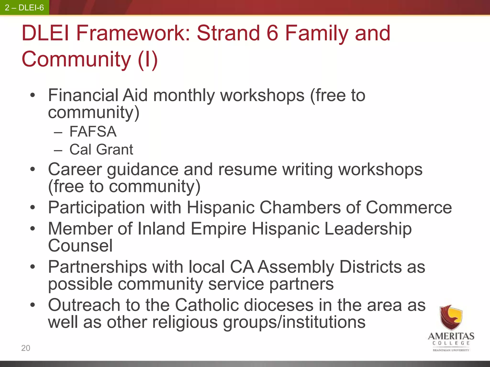 2 – DLEI-6


    DLEI Framework: Strand 6 Family and
    Community (I)
      • Financial Aid monthly workshops (free to
        community)
             – FAFSA
             – Cal Grant
      • Career guidance and resume writing workshops
        (free to community)
      • Participation with Hispanic Chambers of Commerce
      • Member of Inland Empire Hispanic Leadership
        Counsel
      • Partnerships with local CA Assembly Districts as
        possible community service partners
      • Outreach to the Catholic dioceses in the area as
        well as other religious groups/institutions
    20
 