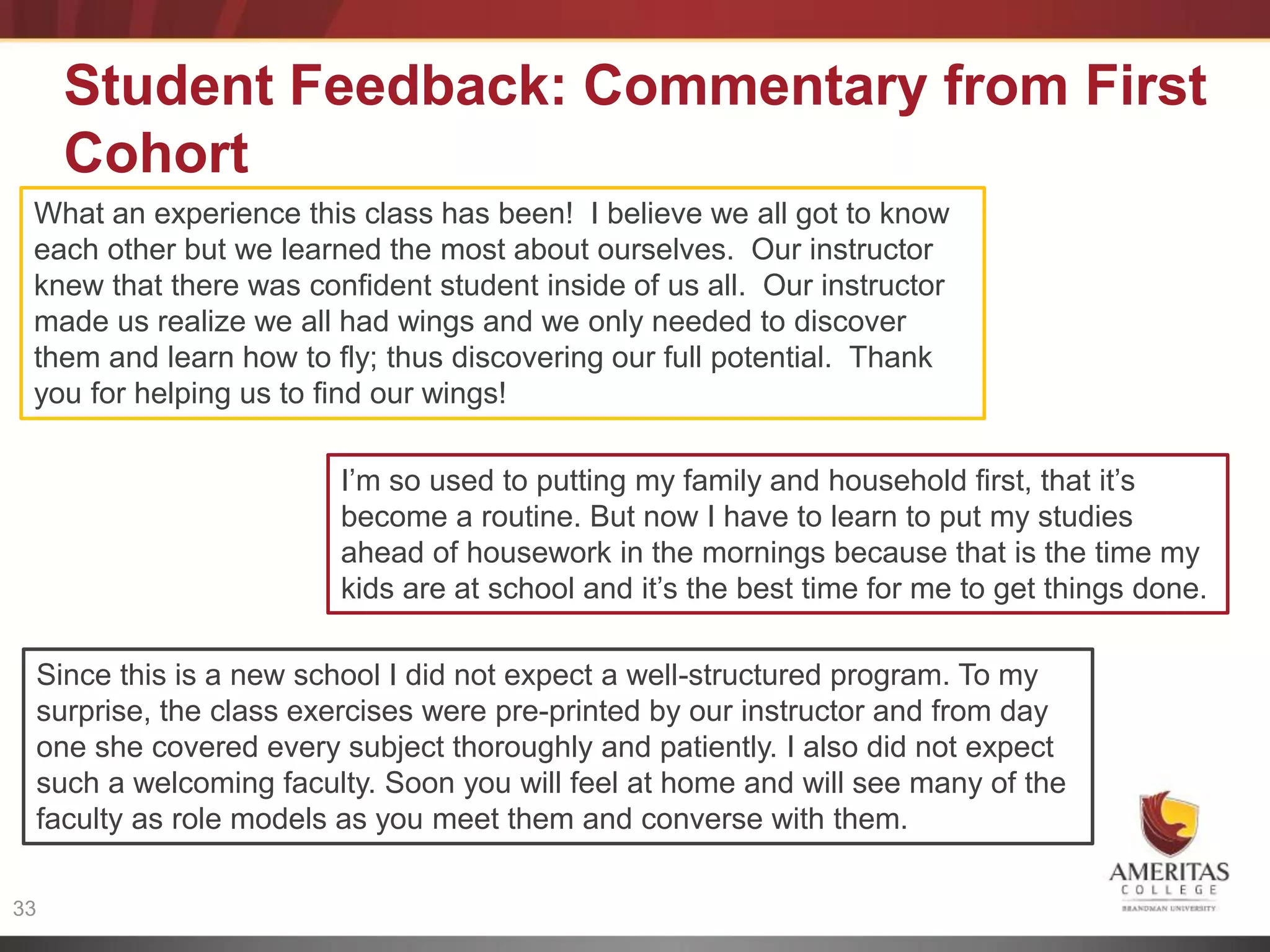 Student Feedback: Commentary from First
     Cohort
 What an experience this class has been! I believe we all got to know
 each other but we learned the most about ourselves. Our instructor
 knew that there was confident student inside of us all. Our instructor
 made us realize we all had wings and we only needed to discover
 them and learn how to fly; thus discovering our full potential. Thank
 you for helping us to find our wings!

                        I’m so used to putting my family and household first, that it’s
                        become a routine. But now I have to learn to put my studies
                        ahead of housework in the mornings because that is the time my
                        kids are at school and it’s the best time for me to get things done.

 Since this is a new school I did not expect a well-structured program. To my
 surprise, the class exercises were pre-printed by our instructor and from day
 one she covered every subject thoroughly and patiently. I also did not expect
 such a welcoming faculty. Soon you will feel at home and will see many of the
 faculty as role models as you meet them and converse with them.

33
 