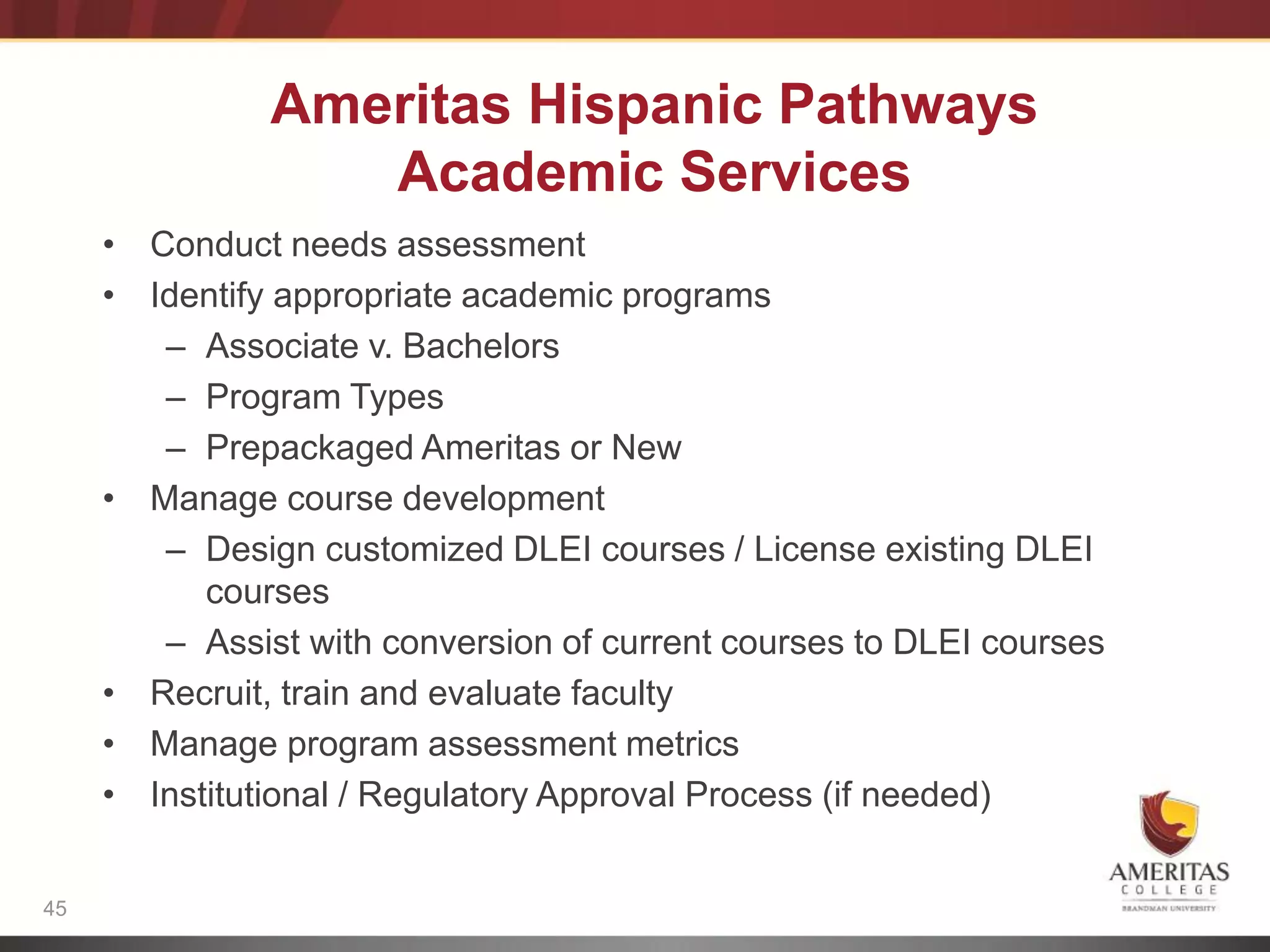 Ameritas Hispanic Pathways
                  Academic Services
     • Conduct needs assessment    Language
     • Identify appropriate academic programs
                                   Level
          – Associate v. Bachelors
          – Program Types
          – Prepackaged Ameritas or New
      Internet
     •Access
         Manage course development & Program
                             Language
                             Outcomes
          – Design customized DLEI courses / License existing DLEI
            courses
          – Assist with conversion of current courses to DLEI courses
     • Recruit, train and evaluate faculty
     • Manage program assessment metrics
     • Institutional / Regulatory Approval Process (if needed)


45
 