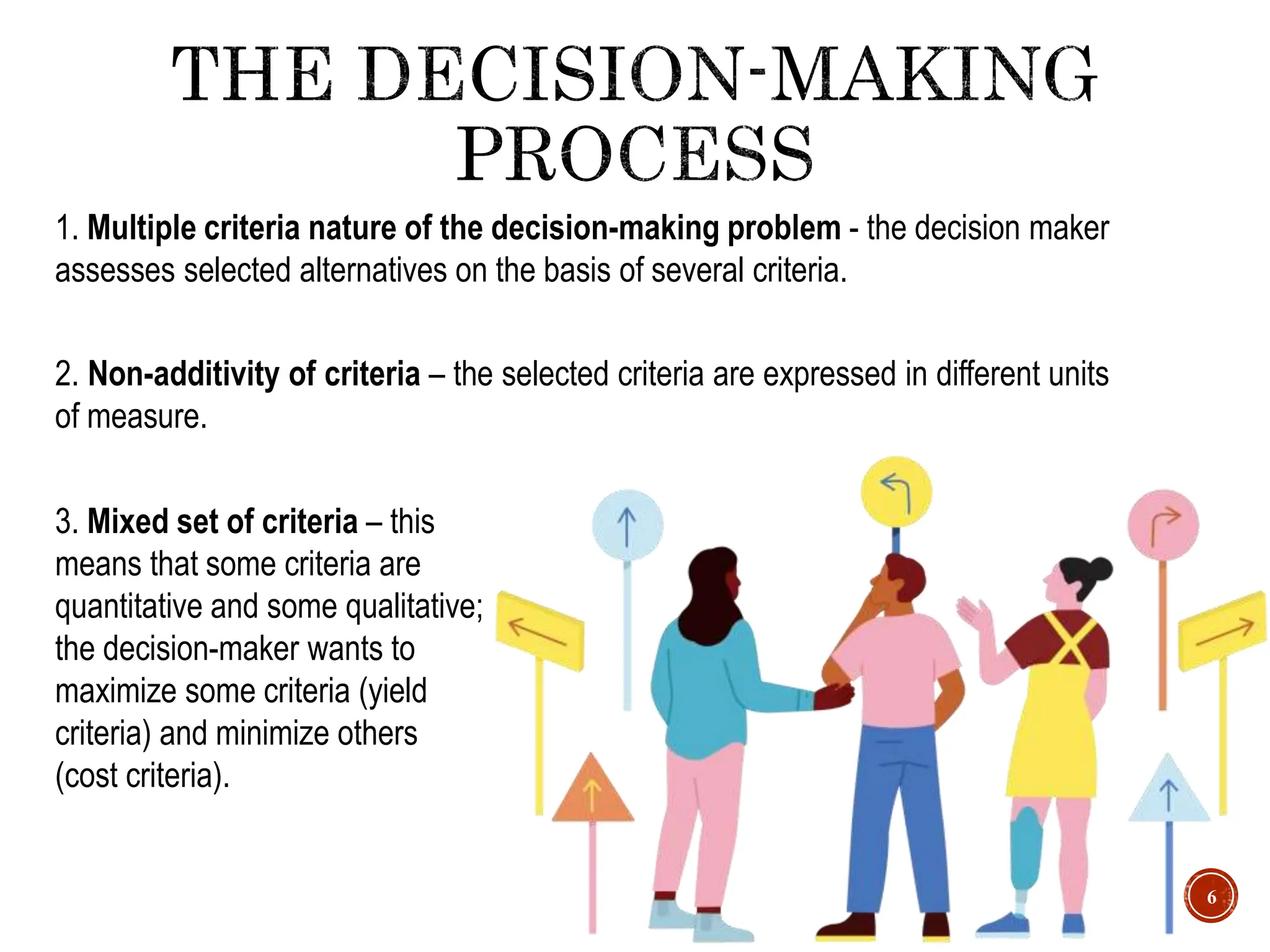 6
3. Mixed set of criteria – this
means that some criteria are
quantitative and some qualitative;
the decision-maker wants to
maximize some criteria (yield
criteria) and minimize others
(cost criteria).
1. Multiple criteria nature of the decision-making problem - the decision maker
assesses selected alternatives on the basis of several criteria.
2. Non-additivity of criteria – the selected criteria are expressed in different units
of measure.
 