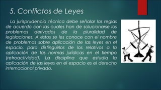 5. Conflictos de Leyes 
La jurisprudencia técnica debe señalar las reglas 
de acuerdo con las cuales han de solucionarse los 
problemas derivados de la pluralidad de 
legislaciones. A éstos se les conoce con el nombre 
de problemas sobre aplicación de las leyes en el 
espacio, para distinguirlos de los relativos a la 
aplicación de las normas jurídicas en el tiempo 
(retroactividad). La disciplina que estudia la 
aplicación de las leyes en el espacio es el derecho 
internacional privado. 
 
