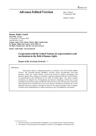 Human Rights Council
Forty-fifth session
14 September–2 October 2020
Agenda items 2 and 5
Annual report of the United Nati...