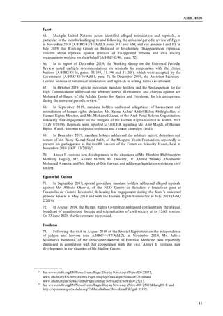 A/HRC/45/36
11
Egypt
65. Multiple United Nations actors identified alleged intimidation and reprisals, in
particular in th...