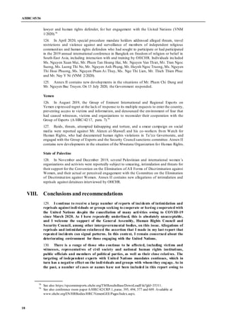 A/HRC/45/36
18
lawyer and human rights defender, for her engagement with the United Nations (VNM
1/2020).78
124. In April ...