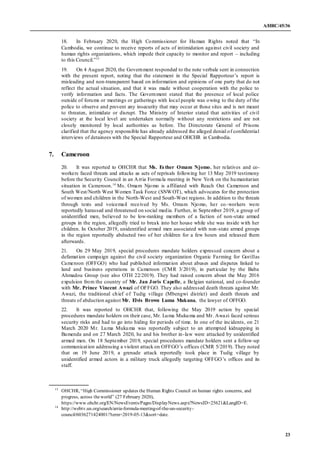 A/HRC/45/36
23
18. In February 2020, the High Commissioner for Human Rights noted that “In
Cambodia, we continue to receiv...