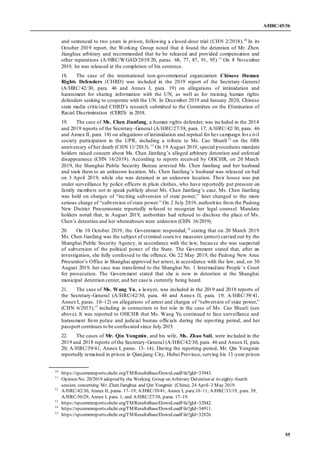 A/HRC/45/36
55
and sentenced to two years in prison, following a closed-door trial (CHN 2/2018).10
In its
October 2019 rep...