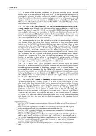 A/HRC/45/36
76
127. In protest of his detention conditions, Mr. Mansoor reportedly began a second
hunger strike at Al-Sadr...